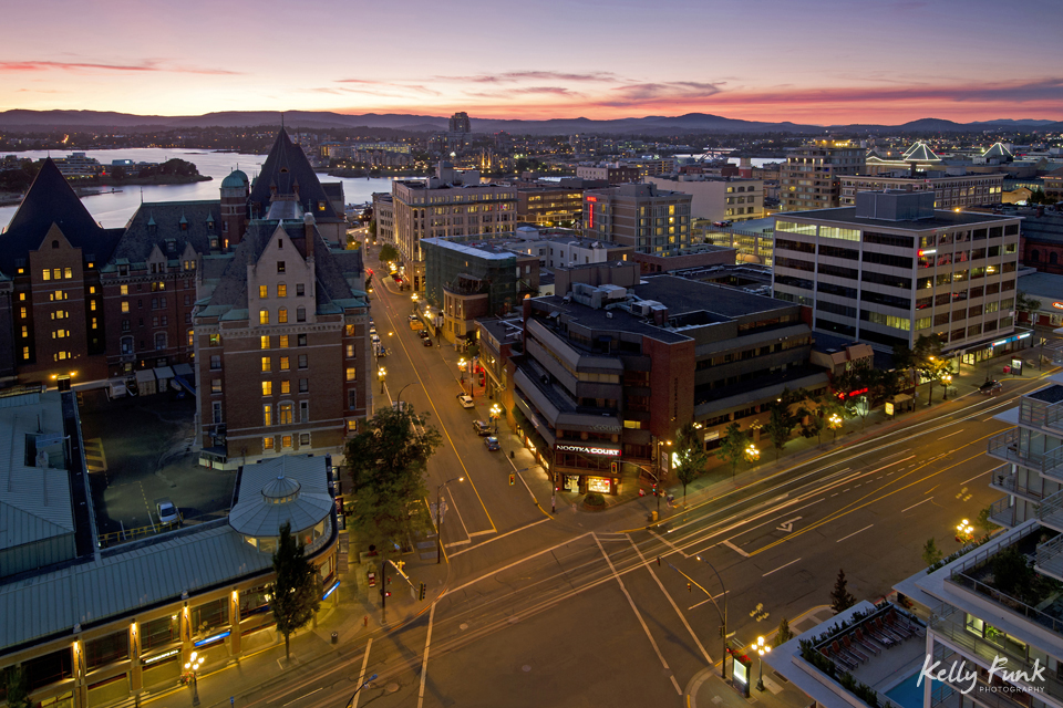 Urban shot of Victoria, British Columbia, Canada at dusk showing traffic flow