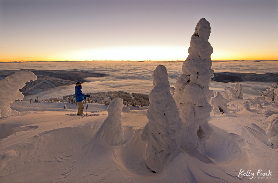 Snow ghosts create an amazing foreground and story at the top of Sun Peaks Resort, while working with Tourism Sun Peaks on a commercial/tourism photo shoot, near Kamloops, Thompson Okanagan region, British Columbia, Canada