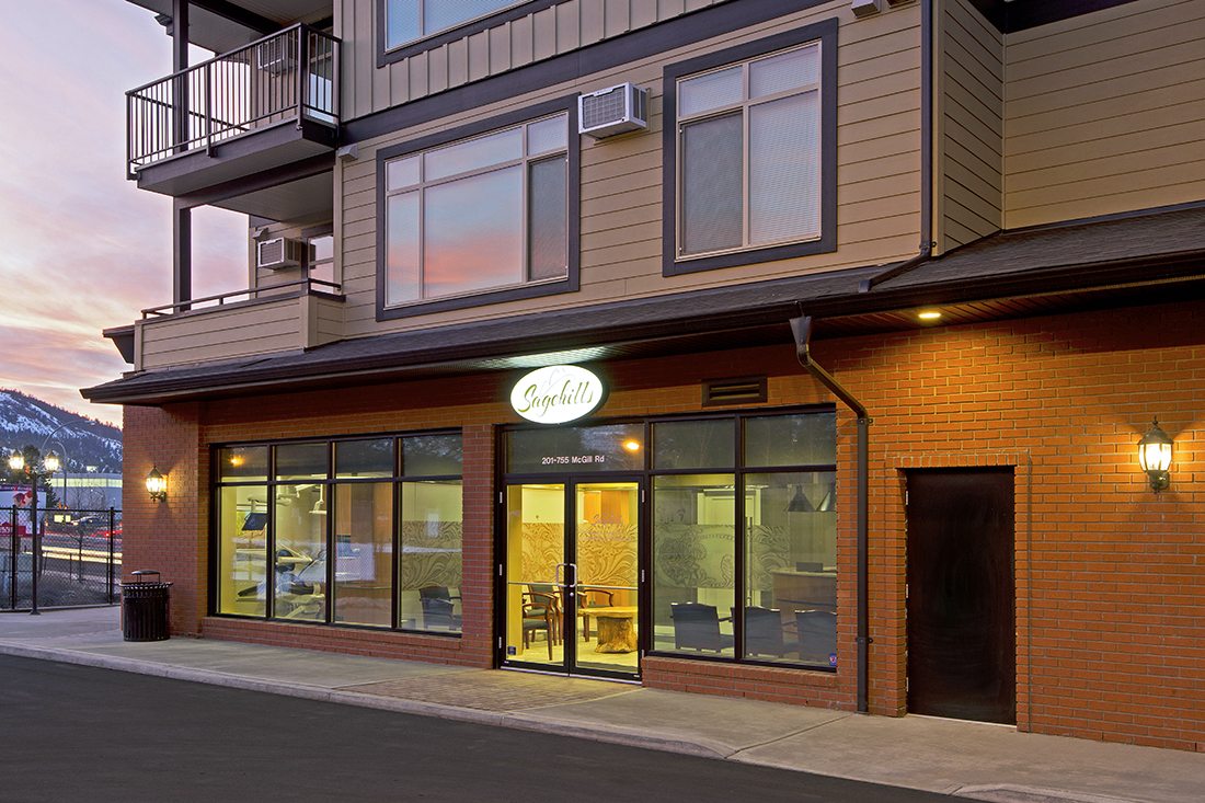 Sagehills dental front shown at sunset, Kamloops, British Columbia, Canada