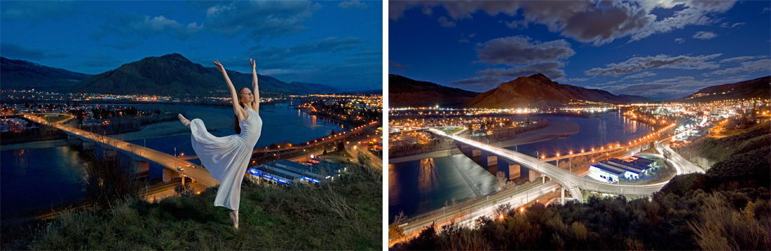 Ballet dancer strikes a pose above Kamloops and the city of Kamloops at dusk with the north and south Thompson rivers, Thompson Okanagan region, British Columbia, Canada