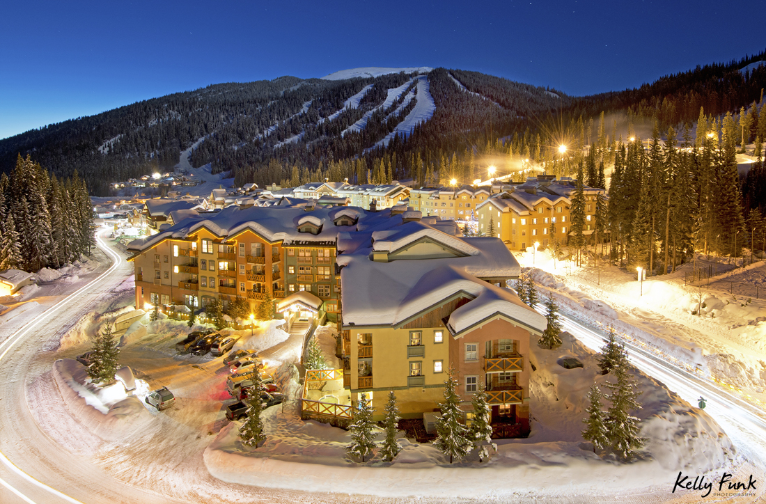 The village of Sun Peaks Resort at dusk and a beautiful urban landscape, Thompson Okanagan region, British Columbia, Canada