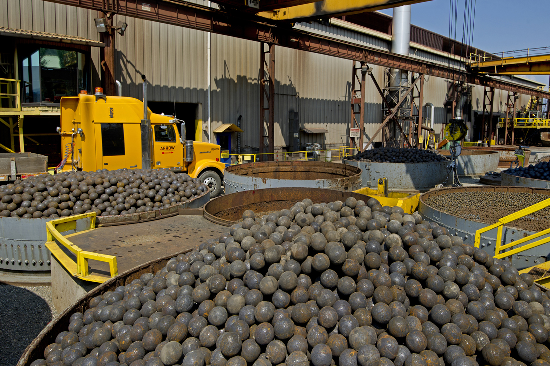 An industrial shoot for Molycop, Kamloops involving the production of steel balls for the world-wide mining industry. Thompson Okanagan region, British Columbia, Canada