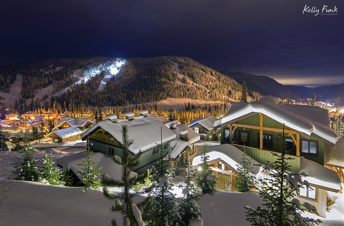 The village and architecture of Sun Peaks at night, near Kamloops, Thompson Okanagan region, British Columbia, Canada