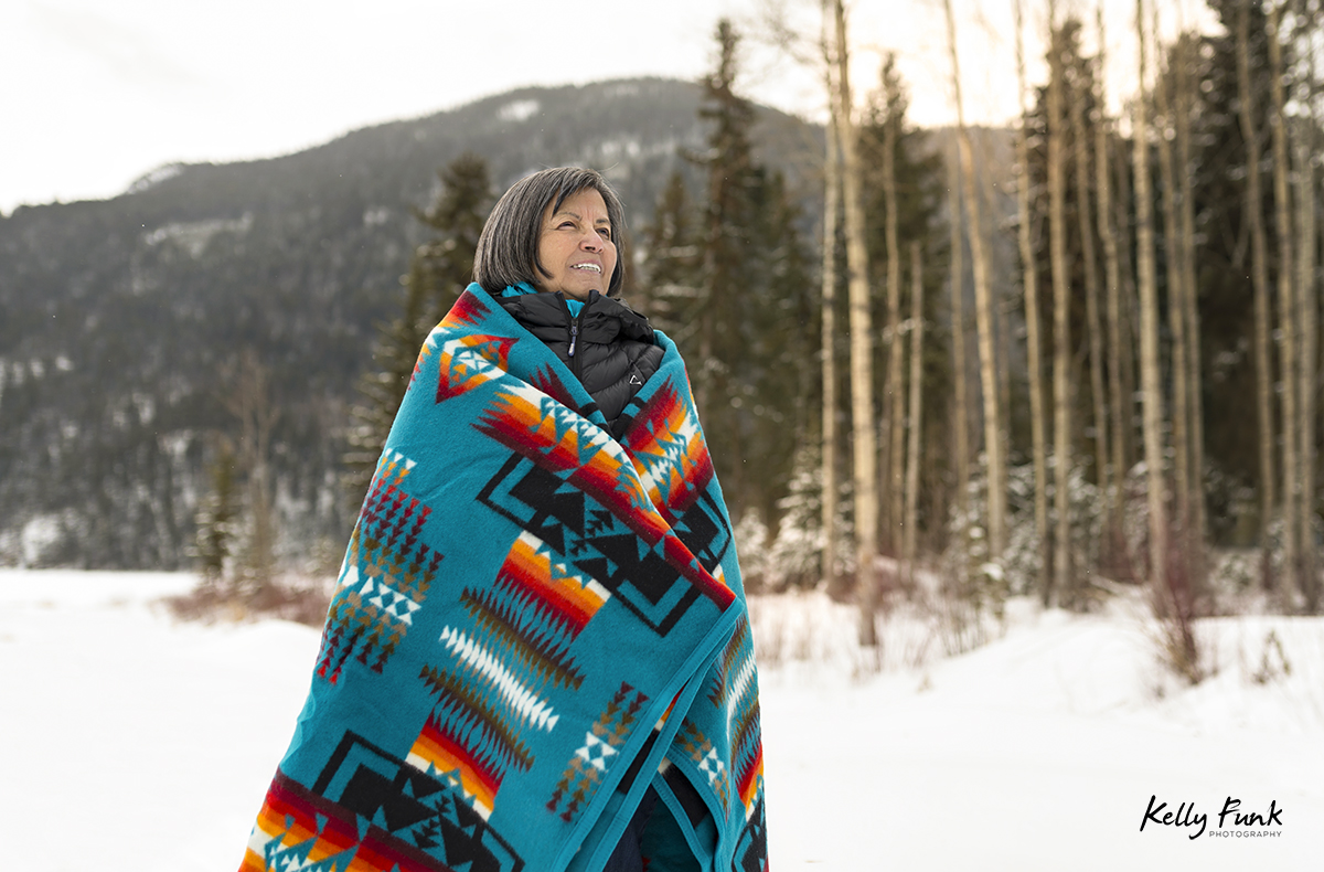 A Secwepemc First Nations elder poses for a commercial portrait for a government website on a beautiful winter's day, near Kamloops, British Columbia, Thompson Okanagan region, Canada