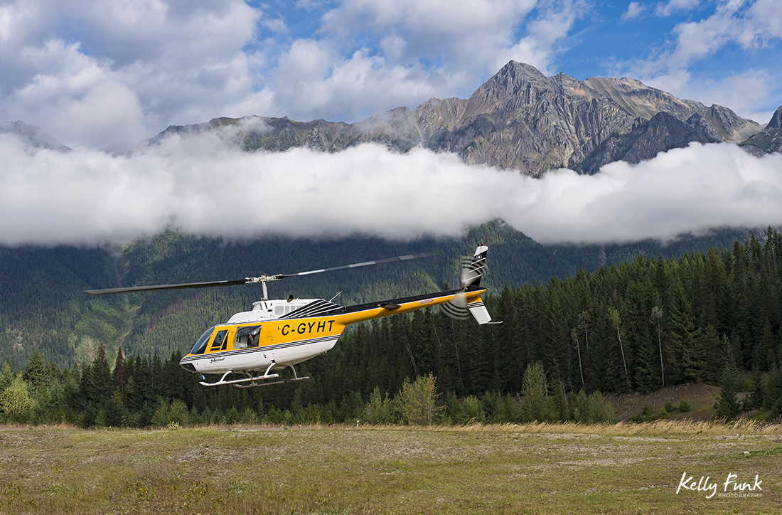 Robson Heli-Magic leaves base for Mt. Robson in the Canadian Rocky Mountains, British Columbia, Canada