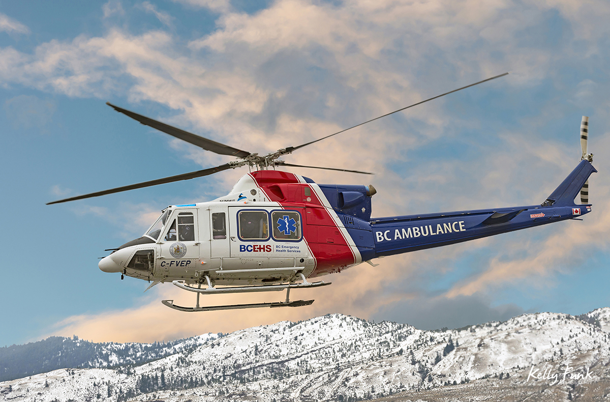 The BC Air Ambulance rescue helicopter takes off on a rescue mission to the Kootenay region from Kamloops, British Columbia, Canada