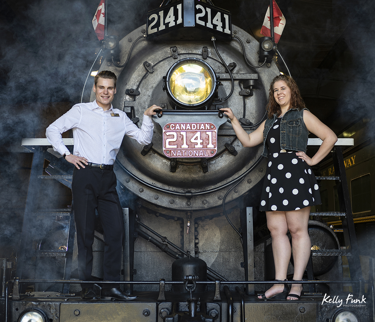 employees of the Kamloops Heritage railway pose during shooting for the 2019 Kamloops fire fighters calendar, Thompson Okanagan region, British Columbia, Canada