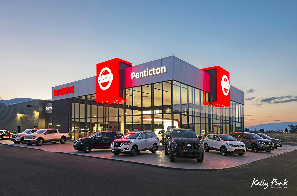 Penticton Nissan's exterior showcased during a commercial shoot for an Architectural firm in Kelowna, BC, Canada