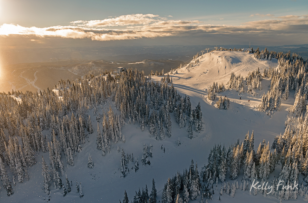 Aerial photograph in a helicopter of Tod Mountain the the Crystal chair at Sun Peaks Resort during a tourism marketing shoot, British Columbia, Thompson Okanagan region, Canada