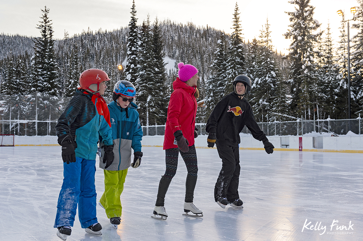 Village image of ice skating at Sun Peaks Resort during a tourism marketing shoot, British Columbia, Thompson Okanagan region, Canada