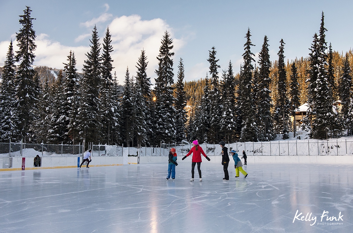 Village image of ice skating at Sun Peaks Resort during a tourism marketing shoot, British Columbia, Thompson Okanagan region, Canada