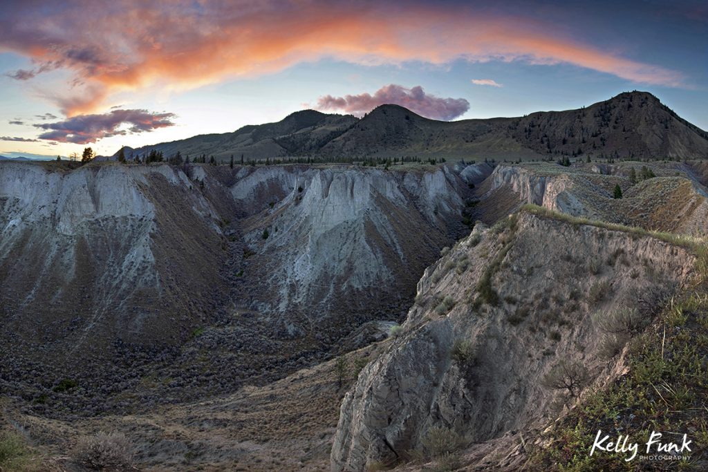 Canyon lands are photographed at sunset, just east of Kamloops, British Columbia, Canada