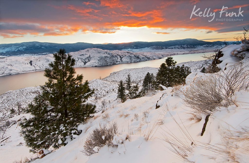 Fresh snow on the south shore of Kamloops Lake, Lac du Bois protected grasslands, British Columbia, Canada