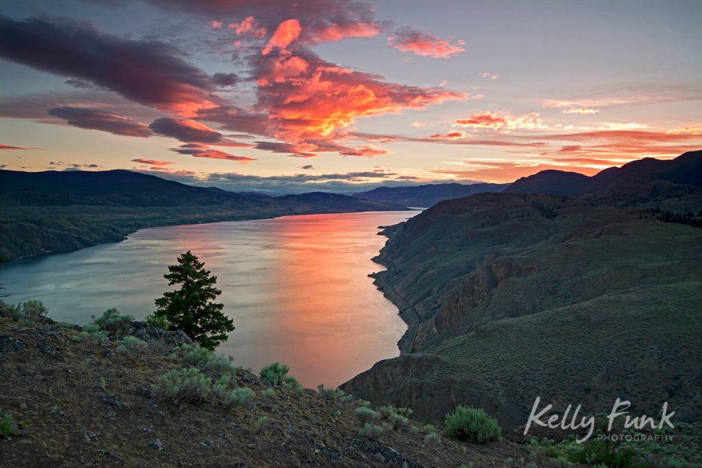 Sunset over Kamloops Lake, Lac Du Bois Grasslands near Kamloops, British Columbia, Canada