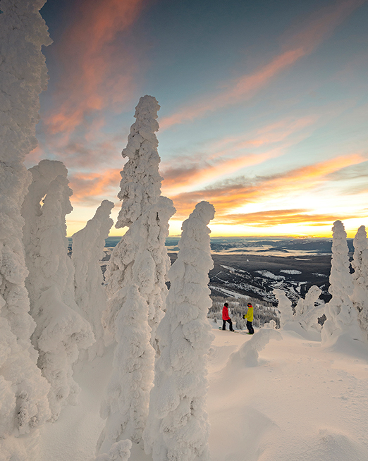Skiers and snow ghosts during a stunning sun rise at Sun Peaks, BC, Canada